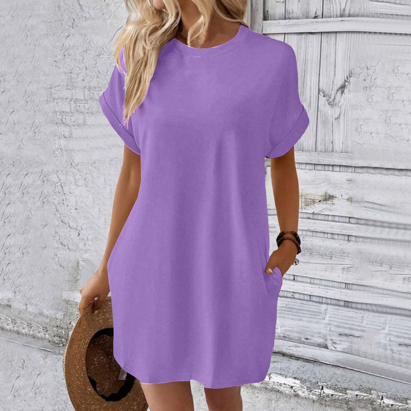 thumbnail image 3 of Vestido camiseta suave de manga corta holgado con bolsillos para mujer - Poliéster spandex, informal de verano - S-XXL, 3 of 7